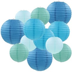 Hanging Paper Lanterns, 12 Pcs Round Chinese Decor, Home Party Wedding, Blue