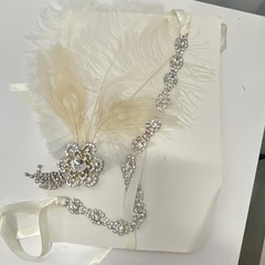 Handmade White Wedding Guest Book Art Deco Style Feather & Rhinestone Ribbon