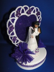 New Medium Dark skin Bride & Groom Wedding CakeTop, purple decor & heart, #335