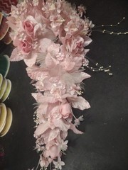 1970s Vintage Silk Wedding Bouquet, 18″ Satin Leaves, Roses, Stephanotis, Pearls