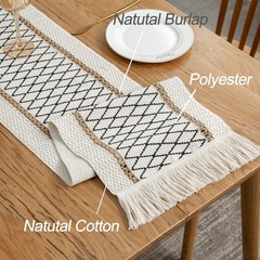 Table Runner Linear End, Boho Style with Tassels, Cotton & Linen, Farmhouse H…