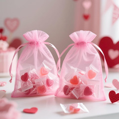 25PCS Pink Drawstring Organza Bags 5×7 inches, Sheer Mesh Jewelry Pouches, Organ