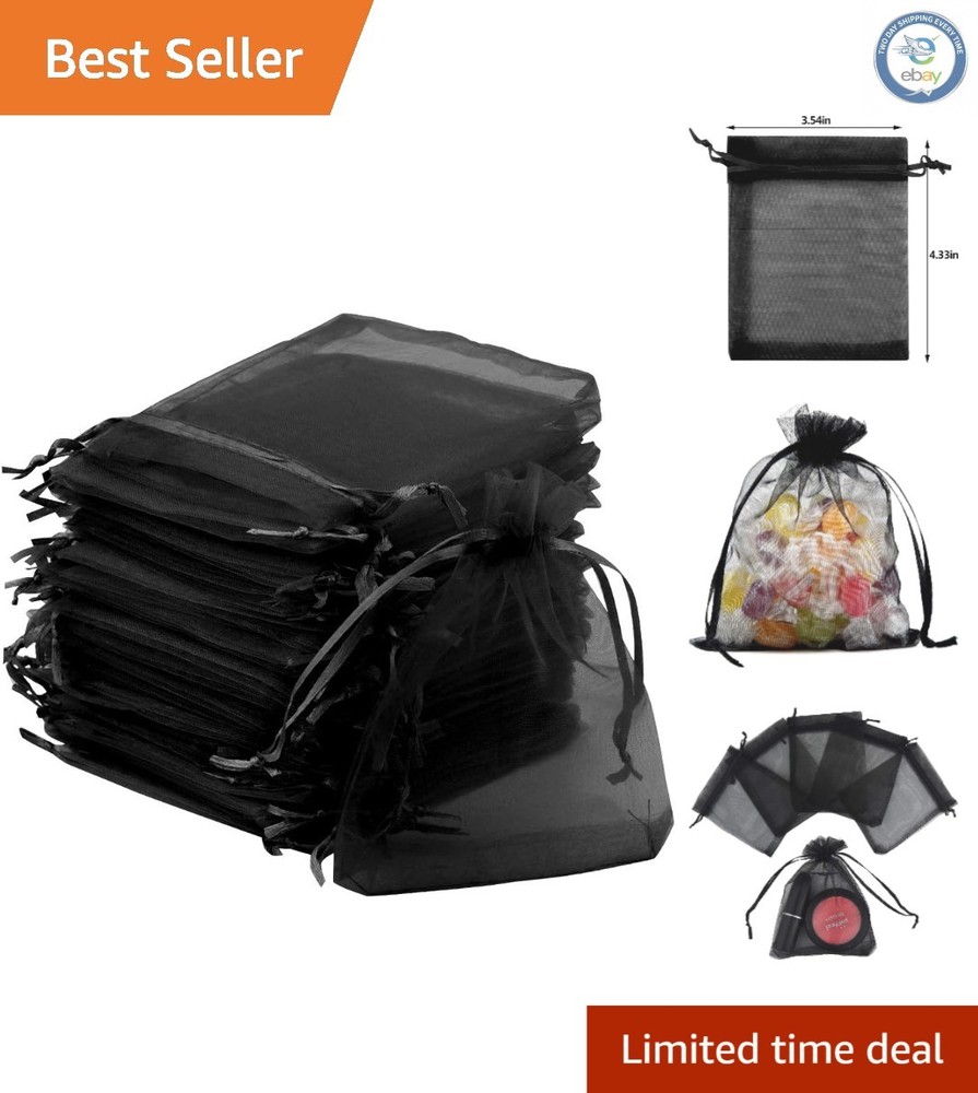 50pcs Black Organza Bags 3.54»x4.33» – Elegant Drawstring Gift Pouches