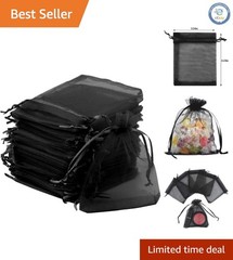 50pcs Black Organza Bags 3.54»x4.33» – Elegant Drawstring Gift Pouches
