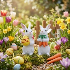 White Rabbit Resin Pair Easter Theme Carrot Egg Home Shelf Decor 2.5x3x6.5cm