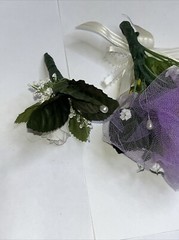 Bridal Wedding Floral Bouquet corsage and boutonniere, white roses, purple