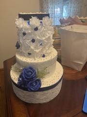 Tiered Faux Wedding Cake Centerpiece Decorative White & Blue Floral Roses