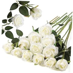12PCS Artificial Silk Flowers Realistic Roses Bouquet 6 Flowers 6 Buds White