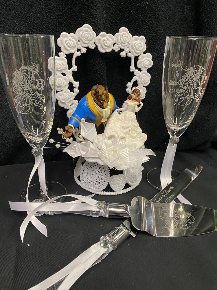 Disney Beauty and the Beast Wedding Cake Topper lot Glasses server set (NO BOOK)