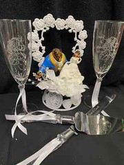 Disney Beauty and the Beast Wedding Cake Topper lot Glasses server set (NO BOOK)