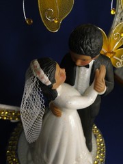 New Medium Dark skin Bride & Groom Wedding CakeTop, gold decor & heart, #341