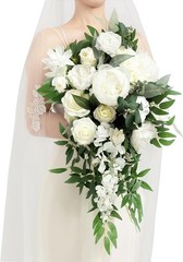 Elegant Ivory White Silk Bridal Bouquet 15″ Cascading Roses Hydrangeas Keepsake