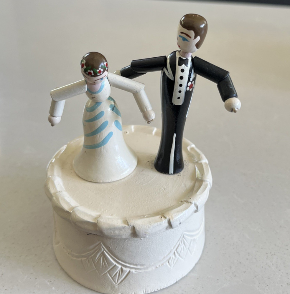 Wood Push Puppet Toy Dancing Bride Groom On Wedding Cake Topper,