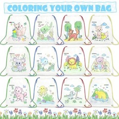 12 PCS Colorable Drawstring Backpack for 12 backpacks and 12 crayons (7 Colors)