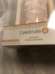 CELEBRATE IT WEDDING CANDLE SET 3 pc NEW LACE RHINESTONE PEARLS SALE! Stunning