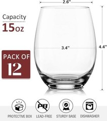 Stemless Wine Glasses Set of 12-15oz Red/White Wine Glasses, Crystal, Clear,
