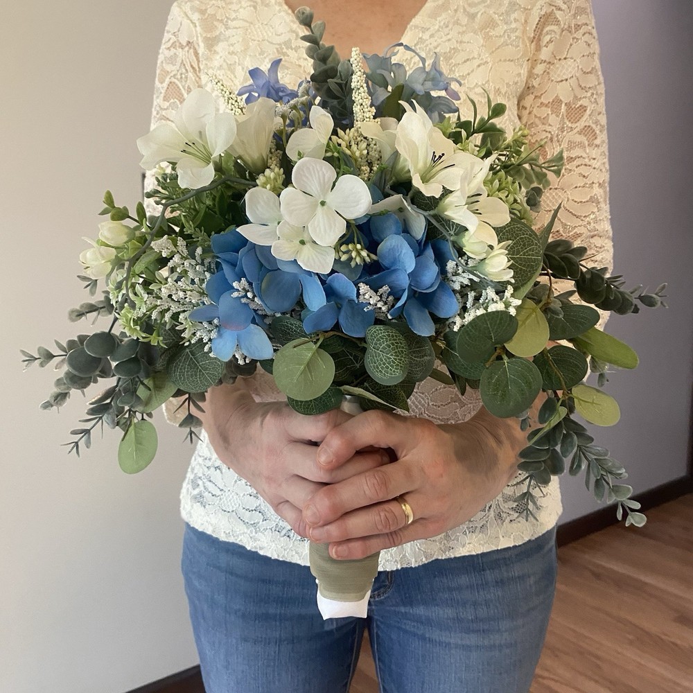 Bridal Wedding Bouquet Budget Handmade Exquisite Faux Floral Blue White Green