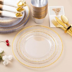 350PCS Clear Plastic Plates with Trim for 50 Guests, 50 Guests Set Gold