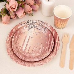 72 ROSE GOLD Disposable Paper TABLEWARE SET Diamond Glitter Pattern Party Events
