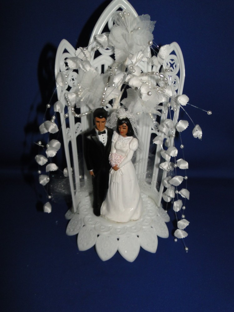 New Vintage Dark skin Bride & Groom chapel arch Wedding Cake Top, #325
