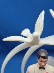Bride & Groom 1950’s Wedding Cake Topper Lace Fabric Tulle Doves Rings