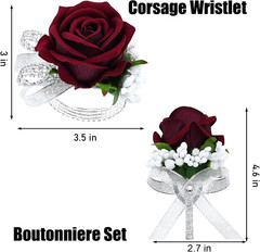 2Pcs Burgundy Rose Corsage and Boutonniere Set, Artificial Wrist Corsage Wristle