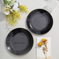 BLACK 10 Glossy 8″ Round Plastic Salad PLATES Gold Rim Party Events Decorations