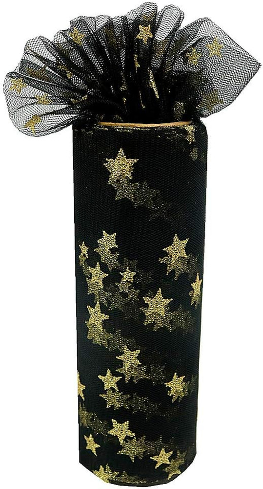 Gold Star Glitter Tulle Rolls 6 Inch X 10 Yards (30 Feet) Black Color for Table