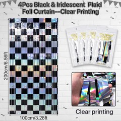 4 Pack 3.3Ft x 6.6Ft Race Car Checkered Foil Fringe Curtain Backdrop Decorati…