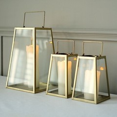 2 Gold Clear 6 in Glass Geometric Metal Lantern CANDLE HOLDERS Party Decorations