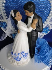 New Medium Dark skin Bride & Groom Wedding CakeTop, blue decor & heart, #336