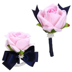 2Pcs Wrist Corsage Boutonnieres Set with Navy Blue Ribbon, Light Pink