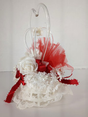 Vintage Lomey Wedding Anniversary Cake Topper Triple Heart Floral Red White 7.5″