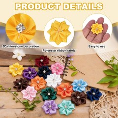 100 Pcs Ribbon Flowers, 1.2 in Fabric Flowers with Rhinestones Yellow