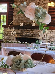 6 Pc Wedding Table Centerpieces, Green, Ivory, Round, Circle, Gold, Wood