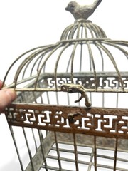 Vintage Ornate Birdcage Distressed White Metal Greek Key Décor with Bird Top