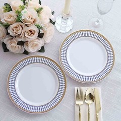 10 WHITE 9″ Round Plastic Salad PLATES NAVY BLUE Chord Rim Party Decorations