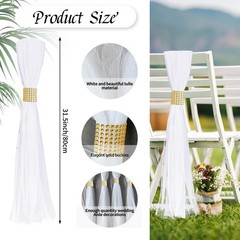 FEXICHUJI Large White Pew Bows Tulle Wedding Aisle Chair Gold Wrap