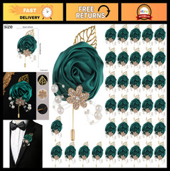 Handcrafted Gold Satin Rose Corsage, Crystal Flower & Pearl Accents, Emerald Gre