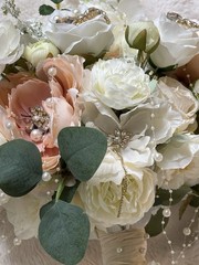 Cascading Wedding Bouquet for Bride, Blush Ivory Silk Flower Pearl Crystal