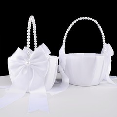 2 PCS White Wedding Flower Girl Basket Pearl Handle Cute Flower Basket