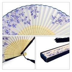 Bantoye 2 Pieces Handheld Fans, Silk Folding Fans with Bamboo White Blue
