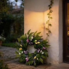 50CM Outdoor Wreath with Spring Flowers and Butterflies for Front Door Decor