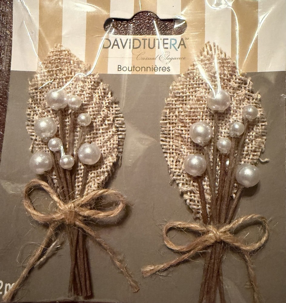 Burlap With Pearl Boutonnières NEW IN PACKAGING-Rustic Set of 7 (14 total)