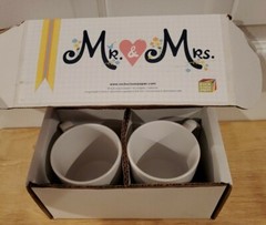 «Mr. and Mrs.» White Ceramic Coffee Mug Set – Rock Scissor Paper – New in Box