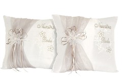 Set of 2 White Satin Nuestra Boda Wedding Kneeling Pillows – Cojines Para Boda