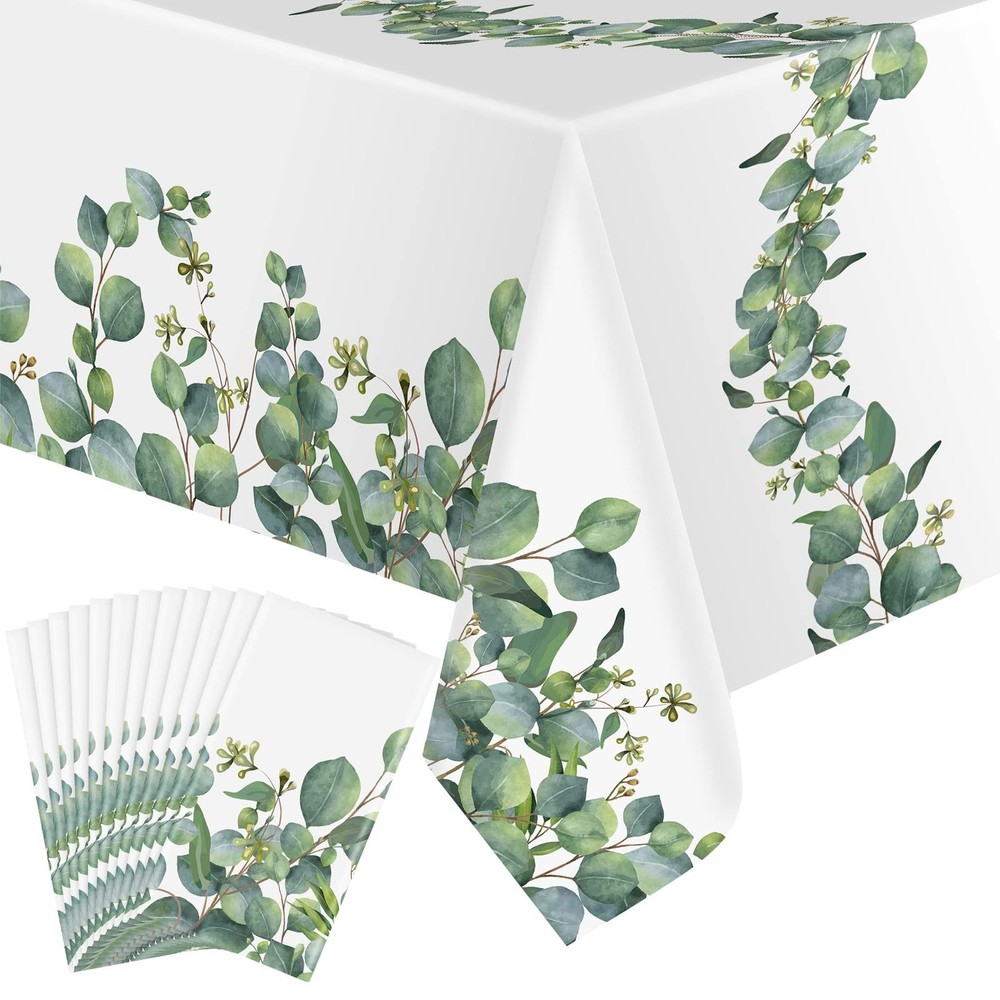 Remagr 12 Pack Sage Green Plastic Tablecloth, Spring Eucalyptus Leaf Greenery…
