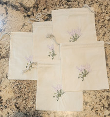 5 Ivory 8″ x 9″ Cotton Muslin drawstring bag with embroidered Lavender flowers
