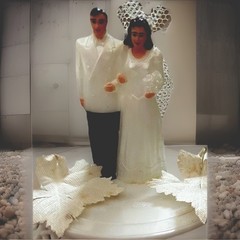 Vintage 1950-60s Wedding Cake Topper Bride & Groom Millinery Flowers Tulle Veil