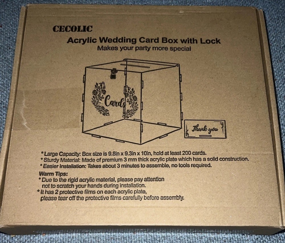 Cecolic Acrylic Wedding Card Box W/ Lock , Size 9.8 In X 9.3 X 10 In